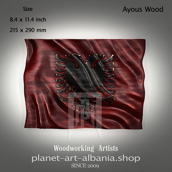Albanian Flag Carved in Ayous Wood, Black Double‑Head Eagle on Red, Albanian CNC Craftsmanship