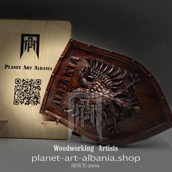 Albanian Eagle Wooden Shield "Albania", CNC Carved Eucalyptus Art, National Decor