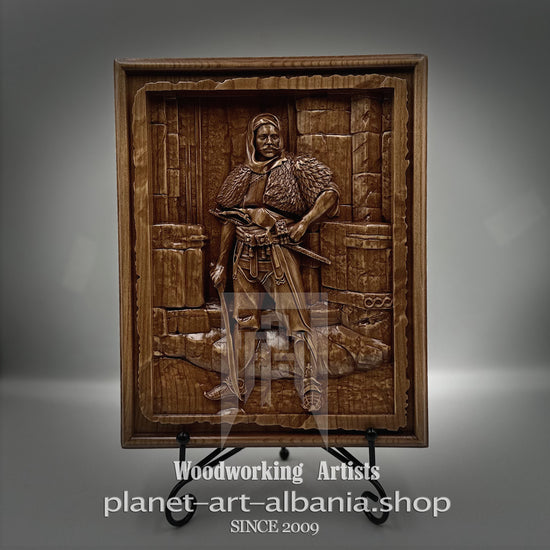 Albanian Warrior, Carved Cherry Wood Relief, Authentic Albanian Art