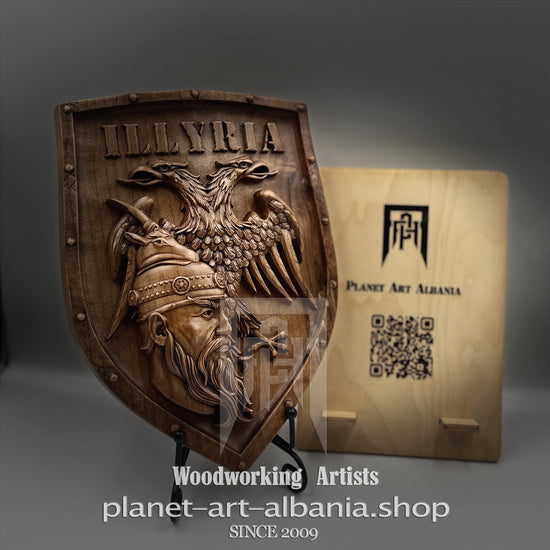 “Skanderbeg” & Illyria Shield, CNC Carved Cherry Wood Art, Albanian Historic Decor
