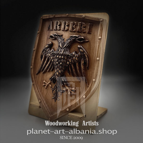 "ARBERI" Eagle Wooden Shield, CNC Carved Cherry Wood Art, Albanian Historic Decor