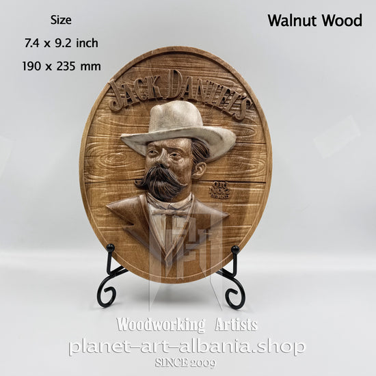 Jack Daniel’s Portrait Relief, CNC Carved Walnut Wood Wall Art, Whiskey Bar Decor