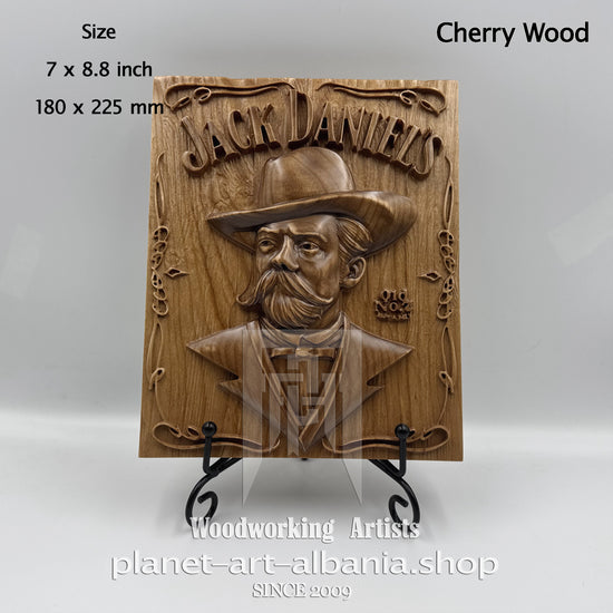 Jack Daniel’s Portrait Relief, CNC Carved Cherry Wood Wall Art, Whiskey Bar Decor