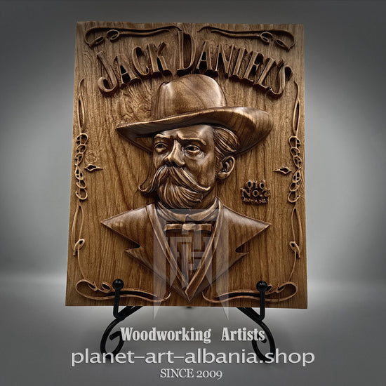 Jack Daniel’s Portrait Relief, CNC Carved Cherry Wood Wall Art, Whiskey Bar Decor