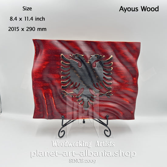 Albanian Flag Carved in Ayous Wood, Black Double‑Head Eagle on Red, Albanian CNC Craftsmanship