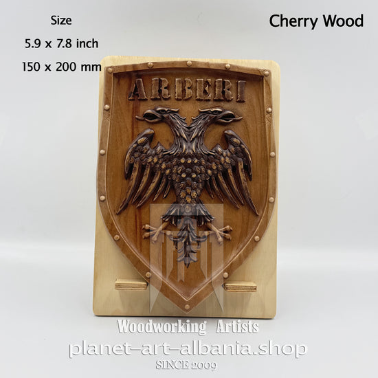 "ARBERI" Eagle Wooden Shield, CNC Carved Cherry Wood Art, Albanian Historic Decor