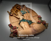 Wooden sculpture of a woman with flowers, brand &