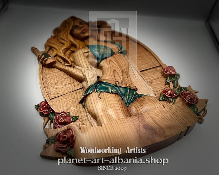 Wooden sculpture of a woman with flowers, brand &