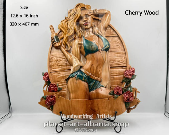 Beer Sign Girl, Wooden Wall Art, CNC Precizion Carving in Cherry Wood.