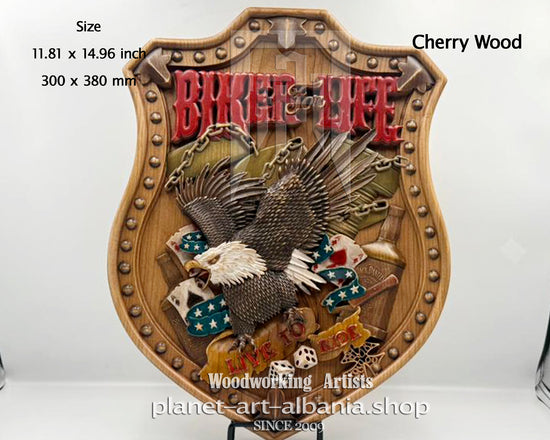 Biker for Life - Live to Ride, Wooden Wall Art, CNC Carved in Cherry Wood