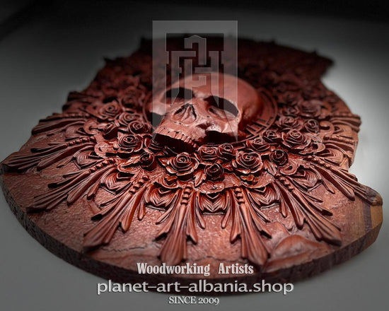 Wooden carving of a skull and roses with &