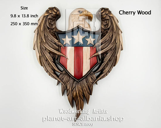 Eagle Usa Coat of Arms, Wooden Wall Art, Patriotic, CNC Precizion Carving in Cherry Wood.
