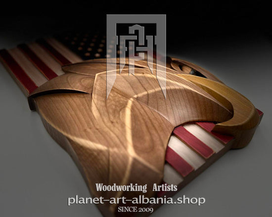 USA Flag & Eagle, Wooden Wall Art, Patriotic, CNC Precizion Carving in Cherry Wood.