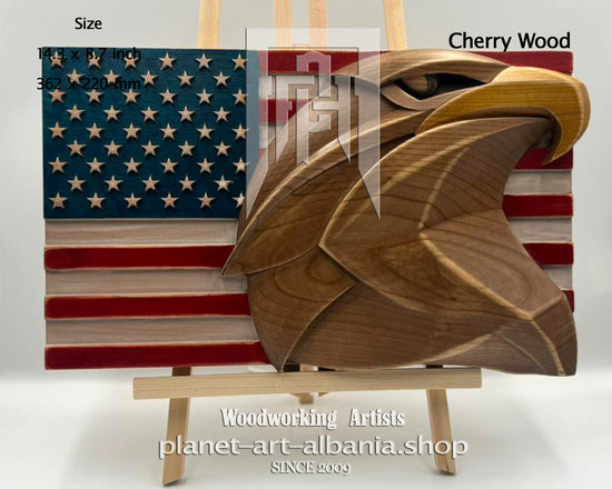 USA Flag & Eagle, Wooden Wall Art, Patriotic, CNC Precizion Carving in Cherry Wood.