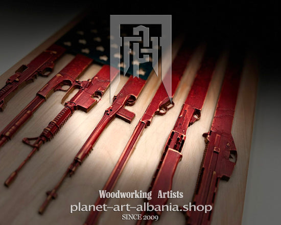 USA Flag & Guns, Wooden Wall Art, Patriotic, CNC Precizion Carving in Cherry Wood.