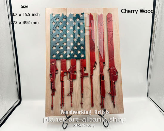USA Flag & Guns, Wooden Wall Art, Patriotic, CNC Precizion Carving in Cherry Wood.
