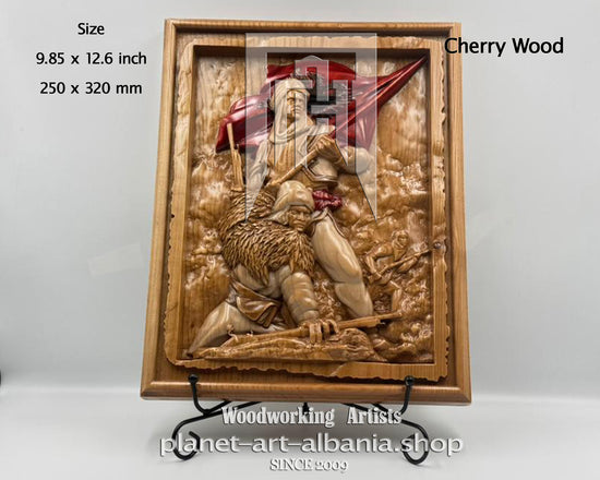 Bearers of the Flag - Symbol of Albanian Resistanc, Wooden Wall Art, CNC Carved in Cherry Wood