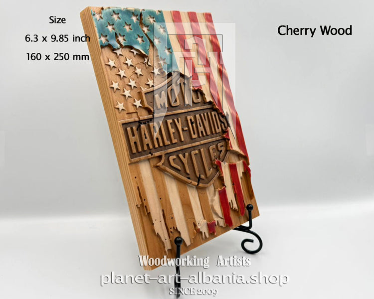 Wooden plaque with American flag design and Harley-Davidson logo on a white background