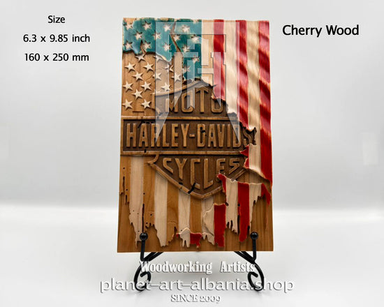 USA Flag & Harley Davidson, Wooden Wall Art, CNC Carved in Cherry Wood