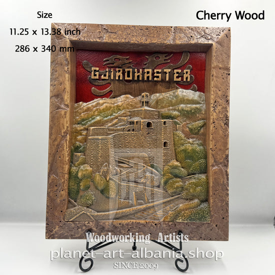 Gjirokastra Old Town Relief Carving – Cherry Wood Wall Art