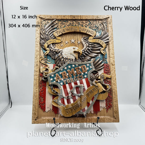 “Armed Forces – Strong & Free” Wooden Plaque, CNC Carved, Cherry Wood Wall Art