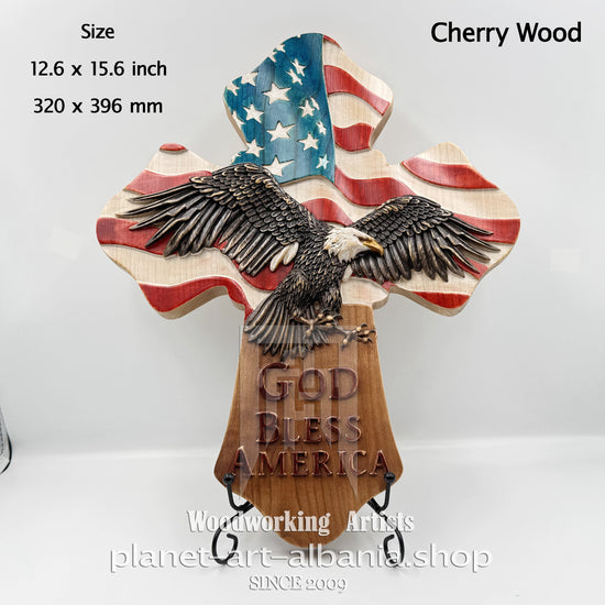 God Bless America Eagle Cross – Cherry Wood Wall Art