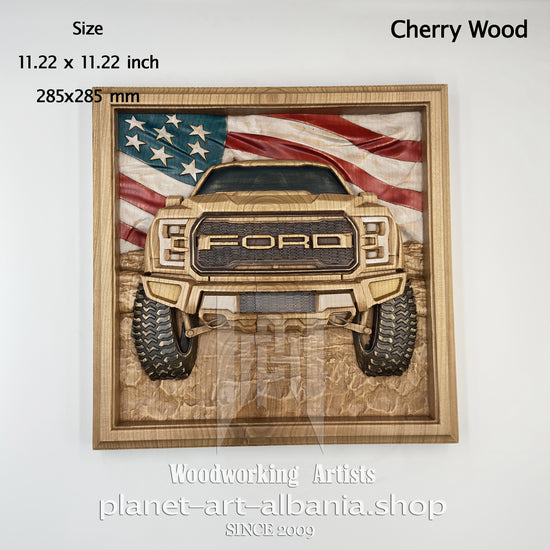 Ford Truck with American Flag, Relief Carving – Cherry Wood Wall Art