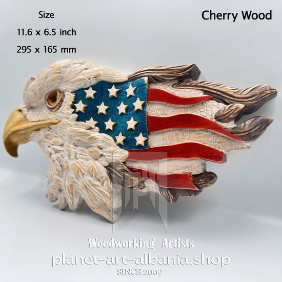 Bald Eagle & USA Flag Wooden Plaque – CNC Carved Cherry Wood Wall Art