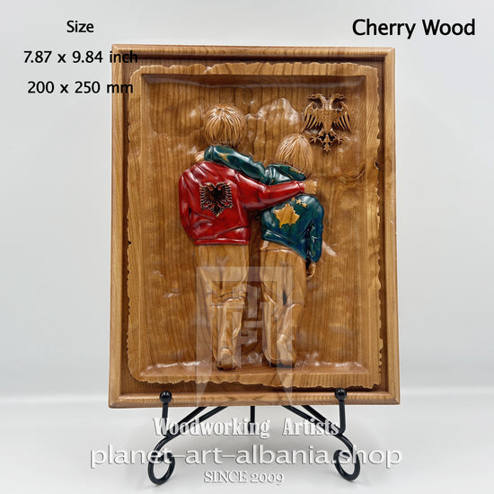 Albania & Kosovo Brotherhood Wooden Relief – CNC Carved Cherry Wood Wall Art