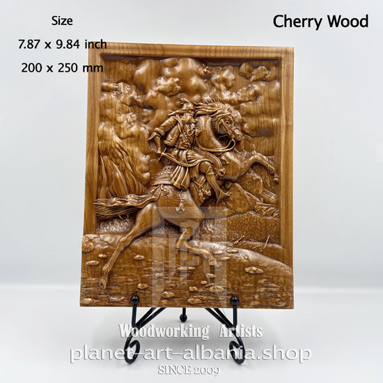 Skanderbeg on Horse Relief Carving – Cherry Wood Wall Art