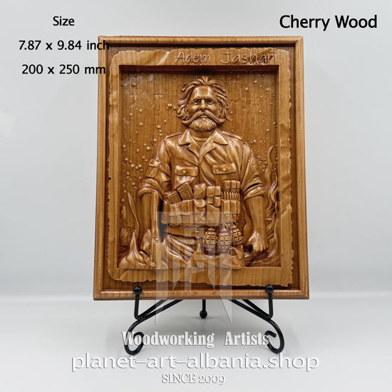 Adem Jashari - Albanian Warrior Portrait | CNC Carved Wooden Relief, Cherry Wood, Wall Art