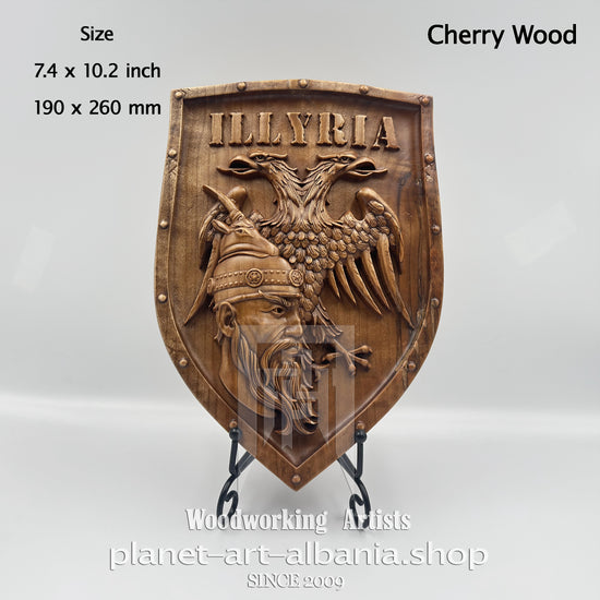 “Skanderbeg” & Illyria Shield, CNC Carved Cherry Wood Art, Albanian Historic Decor