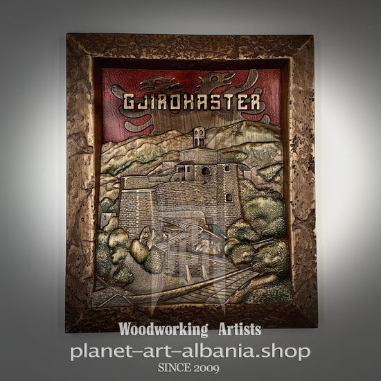 Gjirokastra Old Town Relief Carving – Cherry Wood Wall Art