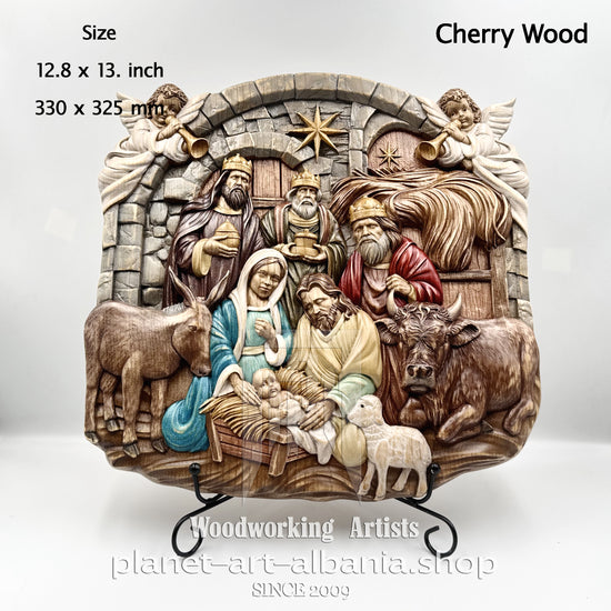 The Birth of Jesus Christ Relief Carving – Cherry Wood Nativity Wall Art