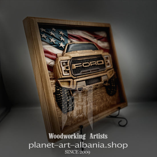 Ford Truck with American Flag, Relief Carving – Cherry Wood Wall Art
