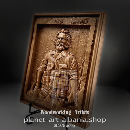 Adem Jashari - Albanian Warrior Portrait | CNC Carved Wooden Relief, Cherry Wood, Wall Art