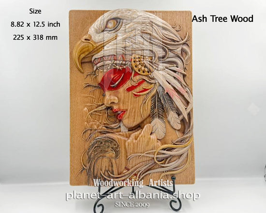 Native American Girl & Eagle, Wooden Wall Art, CNC Carved in Ash Tree Wood