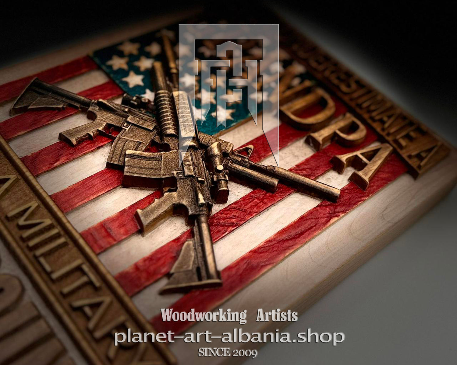 Wooden plaque with American flag design and rifles, featuring &