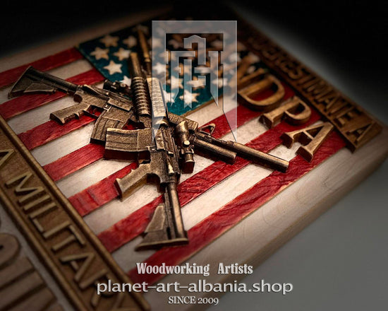 Wooden plaque with American flag design and rifles, featuring &