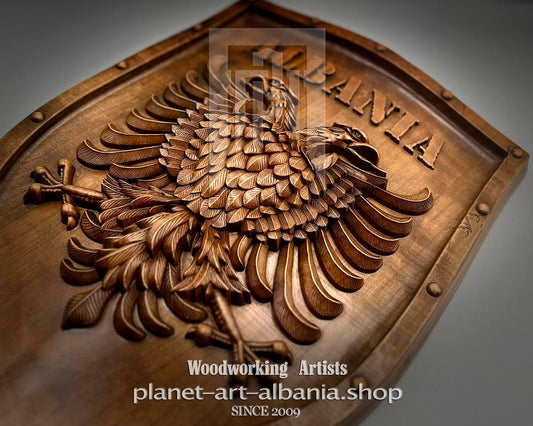 Albanian Eagle Shield, Wooden Wall Art, Patriotic, CNC Carved in Cherry Wood