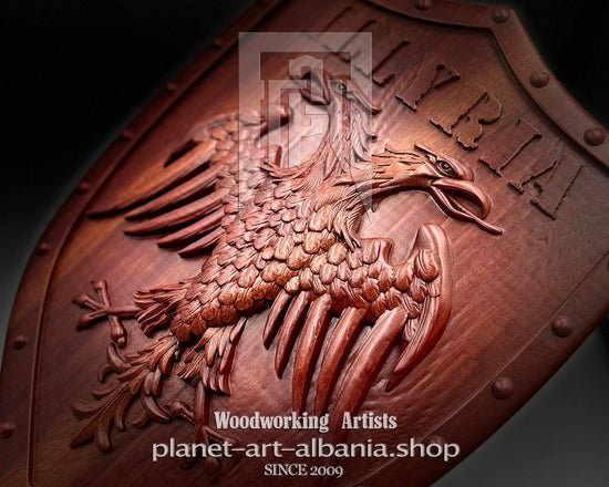Illyria Eagle Shield, Wooden Wall Art, Patriotic, CNC Carved in Eucalyptus Wood