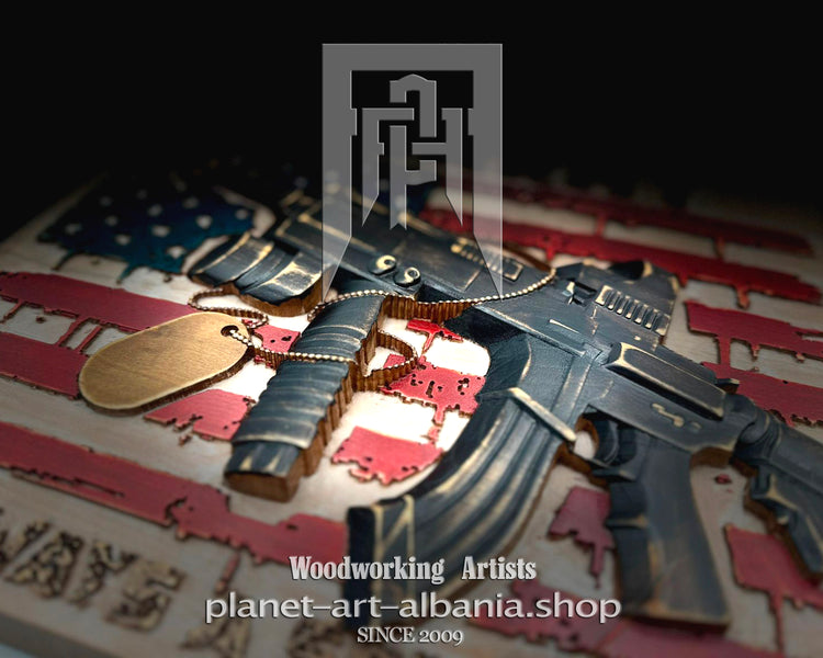 Wooden gun sculpture on an American flag with a brand logo overlay