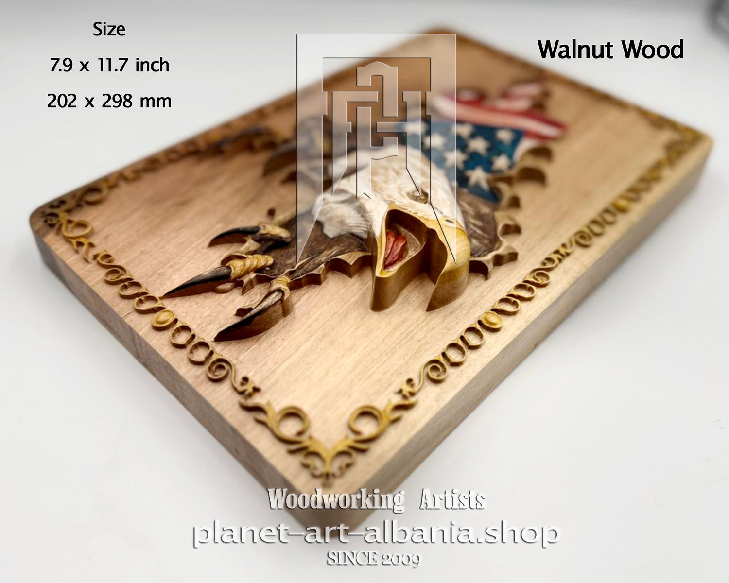 Wooden plaque with eagle and flag design, labeled &