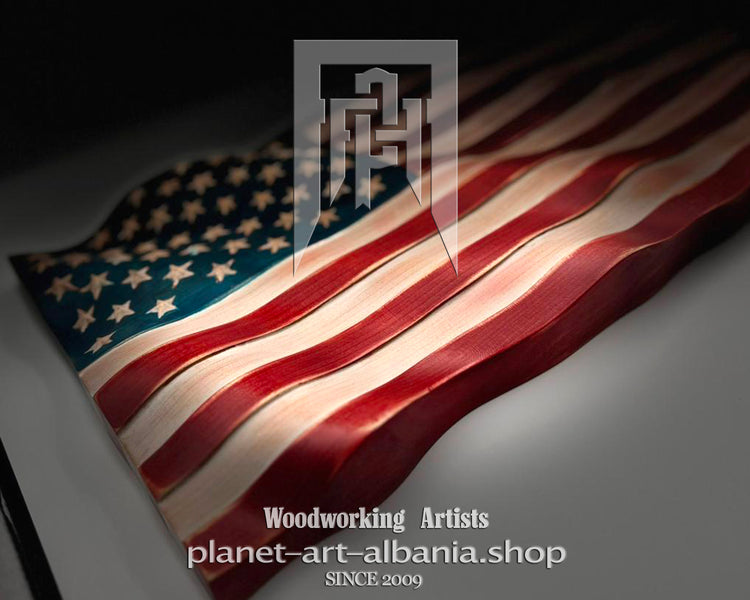 Wooden American flag sculpture with &