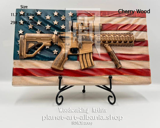 USA Flag & Gun, Wooden Wall Art, Patriotic, CNC Carved in Cherry Wood