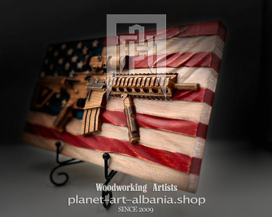 USA Flag & Gun, Wooden Wall Art, Patriotic, CNC Carved in Cherry Wood
