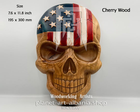 USA Skull, Wooden Wall Art, Patriotic, CNC Carved in Cherry Wood