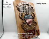 Wooden plaque with an American flag design and text, labeled &