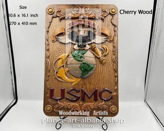 USMC, Wooden Wall Art, Patriotic, CNC Carved in Cherry Wood